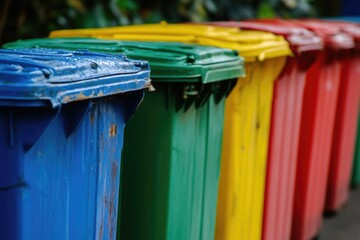 A row of colorful trash cans sitting next to each other, useful for depicting a playful or whimsical atmosphere in an editorial, commercial, or social media setting