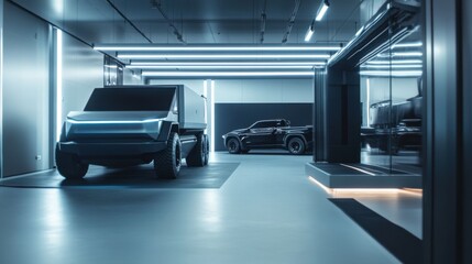 Fototapeta premium A car showroom displaying futuristic electric trucks. Featuring rugged performance and eco-innovation