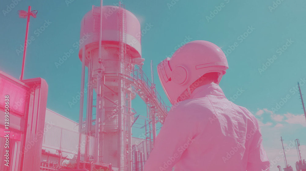 Poster futuristic pink scene with astronaut in a surreal industrial setting