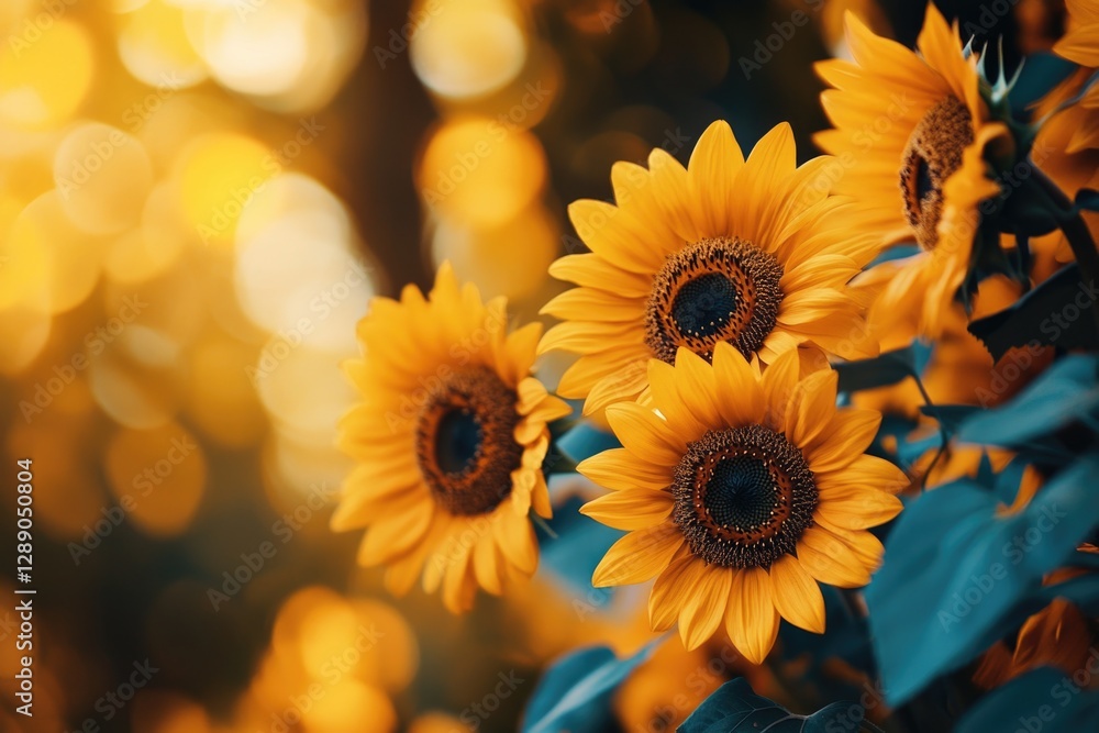 Poster A group of bright yellow sunflowers sit atop a tree branch, adding a pop of color to the surrounding environment