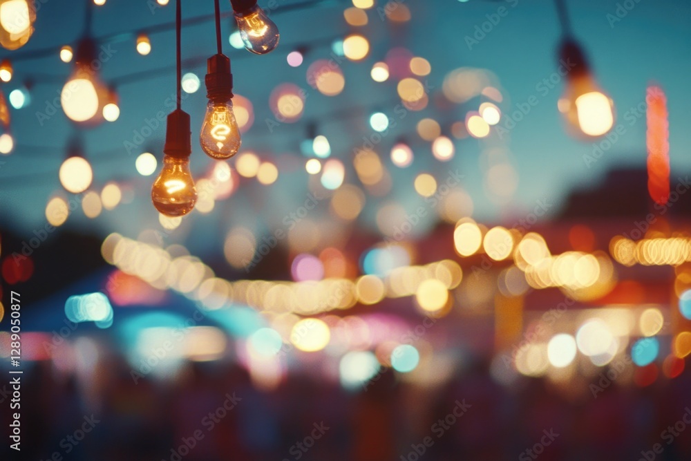 Poster a cluster of light bulbs suspended from a wire, suitable for use in illustrations about innovation, 