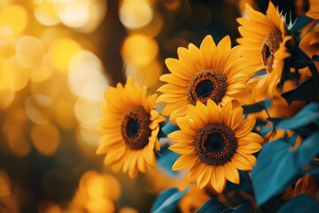 Naklejka premium A group of bright yellow sunflowers sit atop a tree branch, adding a pop of color to the surrounding environment