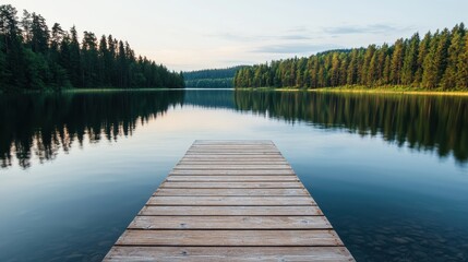 A serene lakeside scene featuring a wooden dock leading into calm waters, surrounded by lush green trees under a clear sky.