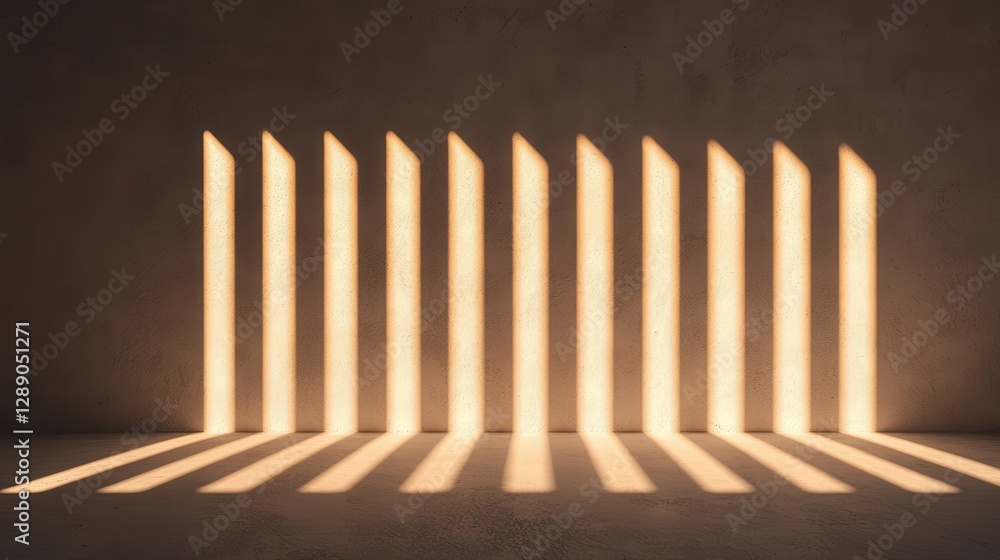 Poster a minimalist scene featuring elongated shadows cast by vertical light beams on a textured wall, crea