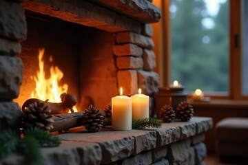 Cozy cabin scene with candles and pinecones on the fireplace mantle, cabin, natural elements