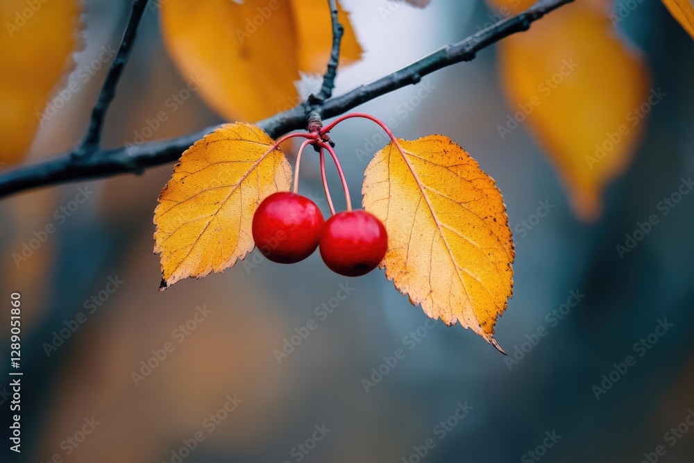 Poster fresh red berries hang from a tree branch against a green background