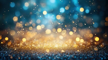 Fototapeta premium Shimmering Blue and Gold Bokeh Lights with Sparkling Glitter Effect