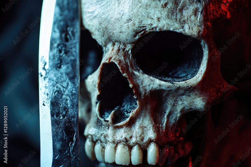 Poster a detailed shot of a skull with a knife inserted into its socket, potentially used for forensic or c