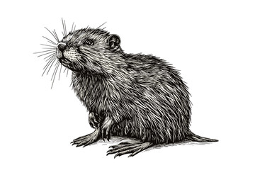 Black sketch effect muskrat, vintage art, hand-drawn illustration, animal print, trendy design, old engraving style, white background, nature-themed decor.