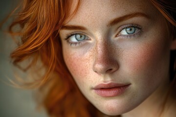 Fototapeta premium Close-up portrait of a woman with freckled skin, suitable for personal or editorial use