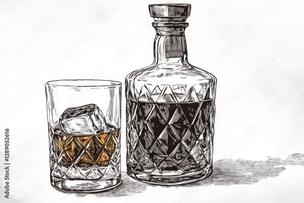 Poster a glass of whiskey sits next to an open bottle on a table or countertop