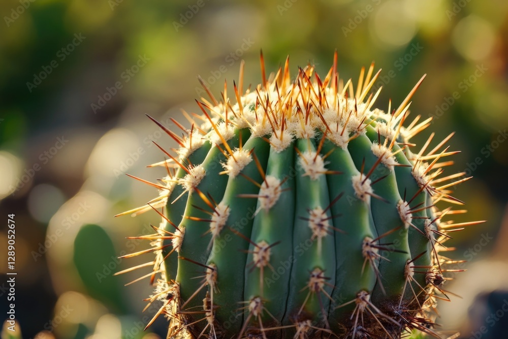 Poster a close-up shot of a prickly cactus plant with sharp spines and thick stems