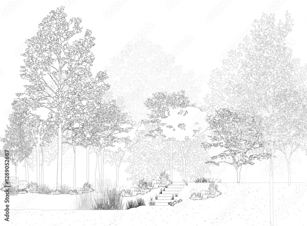 Poster architectural drawings, minimal style cad tree line drawing, side view, set of section wetland fores