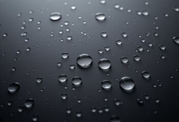  Raindrops on a smooth dark surface with a large drop in focus in a macro view
