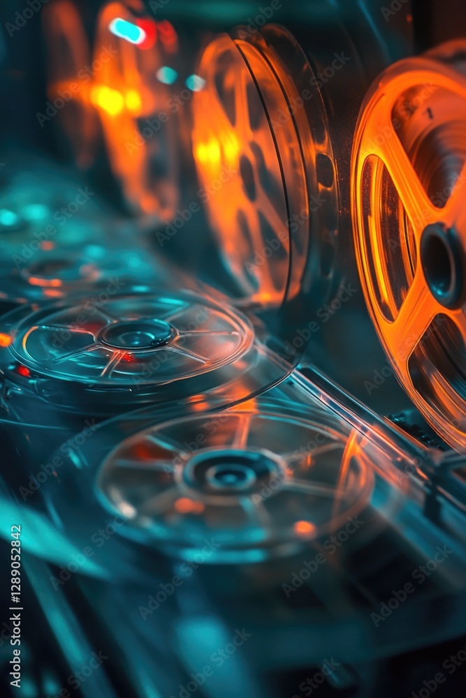 Poster A close-up view of a machine with multiple reels, suitable for use in industrial or manufacturing settings