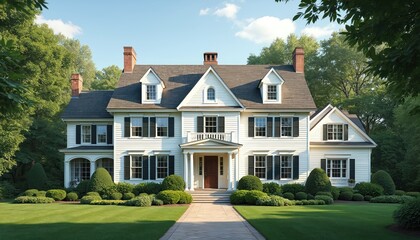 Majestic white clapboard colonial mansion with dormers, gable roofs amid green plants in suburban Shaker Heights Ohio. Early 20th century luxury home with classic American architectural style,