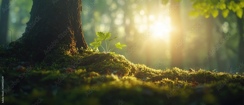 Poster sunlight filtering through trees in a serene forest landscape nature tranquil environment