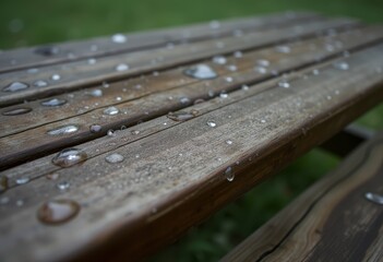 Fototapeta premium Water droplets on a wooden bench with a blurred green background after a light rain