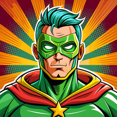 Pop art comic book style super hero punching withgreen mask