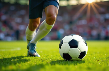Fototapeta premium Football player kicks the ball on the football field, close-up. Football match, championship
