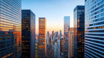 Fototapeta premium A stunning skyline view showcasing tall buildings reflecting sunset hues against a clear sky.
