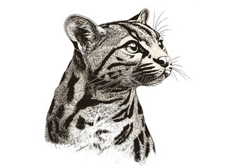 Ocelot animal art in old engraving style, black sketch effect, trendy wildlife illustration, vintage art, wall decor, wildlife wall art, animal sketches, retro ocelot drawing.