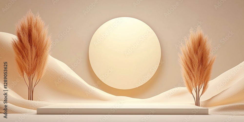 Poster minimalist display setup with pampas grass and circular background in neutral tones