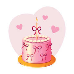 Bento Birthday Cake with One Candle in the Center Decorated with Bows