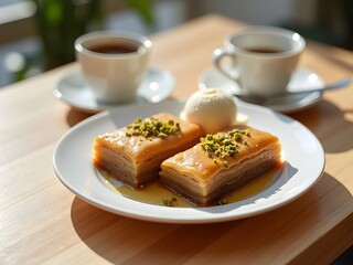 Delicious Baklava  Pistachios  Honey Syrup  Ice Cream  Coffee  Tea  Dessert  Sweet Treat