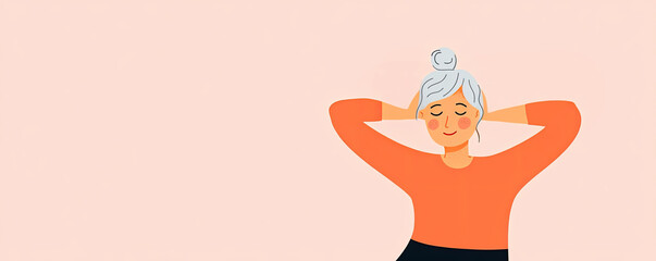 Menopause symptoms flat illustration. Flat cartoon of a woman stretching her arms, managing menopause symptoms with yoga and mindfulness, calming tones