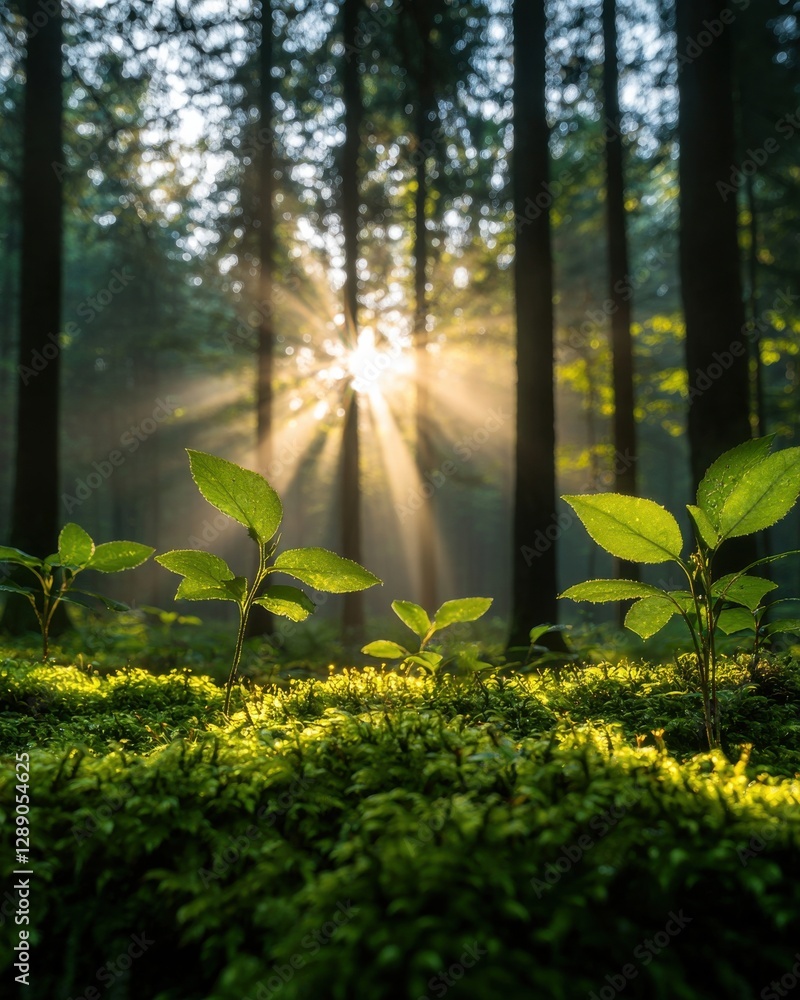 Poster sunlight streaming through forest trees nature scene landscape tranquil environment close-up view se