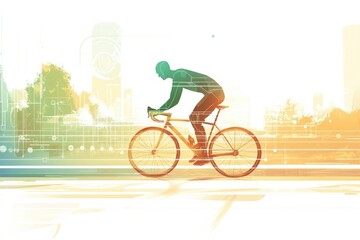 Naklejka premium Silhouette of cyclist riding a bike in a city, technology theme, vibrant colors.