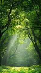 Sunlight filtering through lush green trees forest nature tranquil environment ground level serenity
