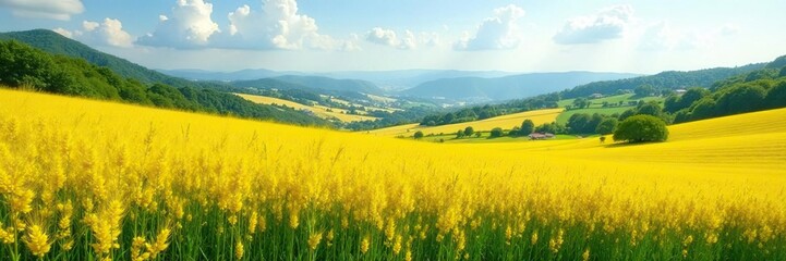 Fototapeta premium Golden flax fields stretching across a green hillside, flax, yellow, agriculture