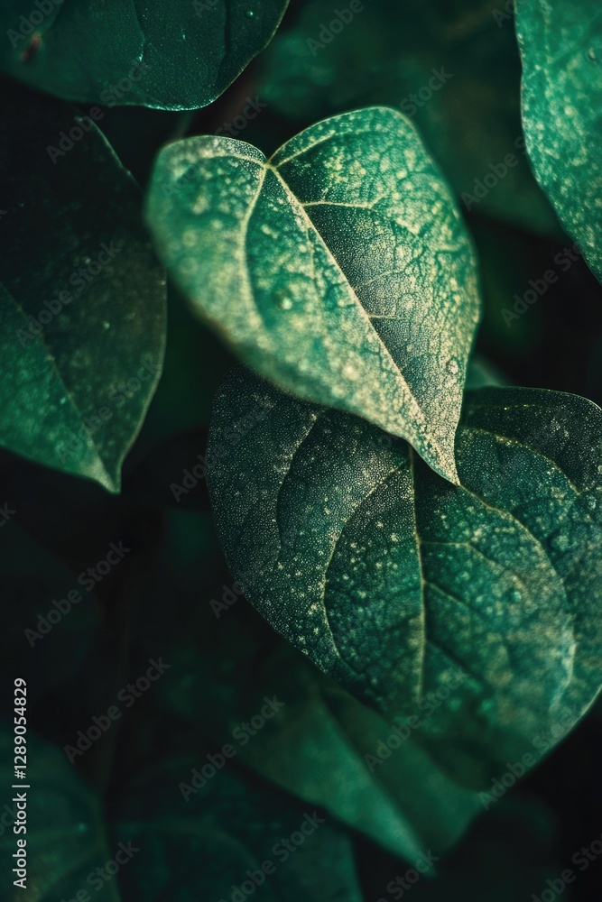 Poster a macro shot of a single leaf with small water droplets glistening on its surface
