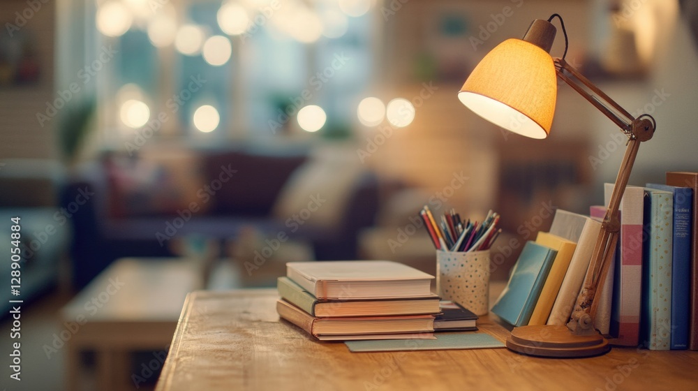 Poster a simple study desk with a lamp and books, ideal for a home office or student workspace