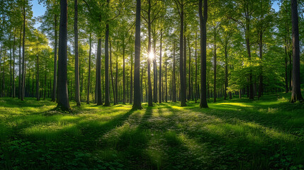 Obraz premium Enchanting Green Forest with Sun Rays - Lush Woodland Nature Scene, nature photography, environmental awareness campaigns, eco-tourism promotions, mindfulness content, wellness blogs, 