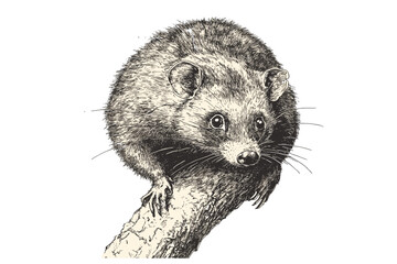 Trendy illustration of a hand-drawn opossum, vintage art, black sketch effect, animal print, old engraving style on white background.