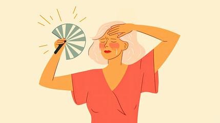 Menopause symptoms flat illustration. Flat illustration of a middle-aged woman fanning herself, sweating from hot flashes, menopause symptom concept, warm pastel tones