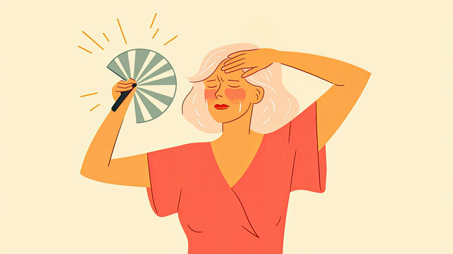 Menopause symptoms flat illustration. Flat illustration of a middle-aged woman fanning herself, sweating from hot flashes, menopause symptom concept, warm pastel tones