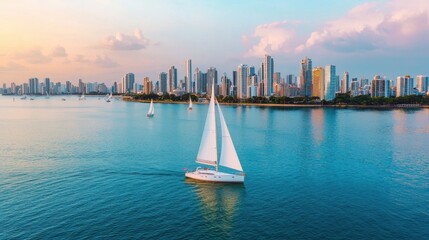 A serene view of a sailboat gliding across blue waters, with a vibrant city skyline and colorful sunset in the background.