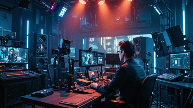 Cyberpunk-style hacker operating in a dark high-tech environment, working on multiple screens filled with code and data in a futuristic setting.