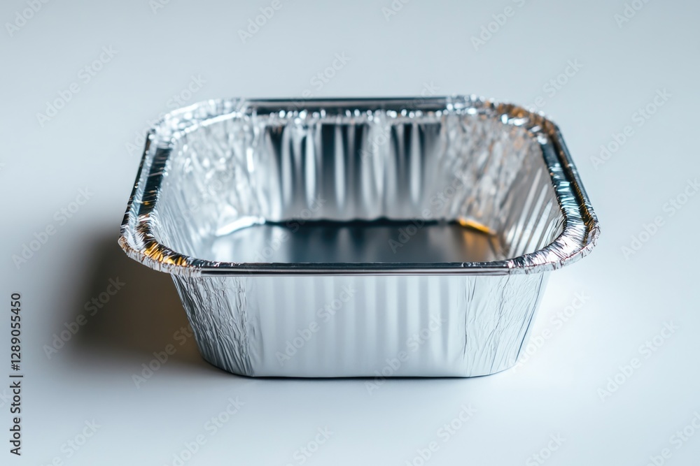 Poster a simple tin foil container sitting on a white surface