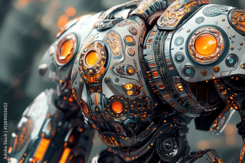 Poster a close-up view of a robot's face with glowing eyes, suitable for sci-fi or futuristic themes