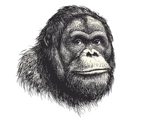 Wildlife illustration hand-drawn orangutan, black sketch effect, vintage art, trendy animal art, nature drawing, old engraving style, artistic home decor.