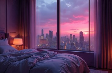 Bedroom with cozy bed near window overlooking city skyline with skyscrapers at sunset sunrise. Purple ambient lighting enhances relaxed mood. Modern interior design, comfortable home for vacation