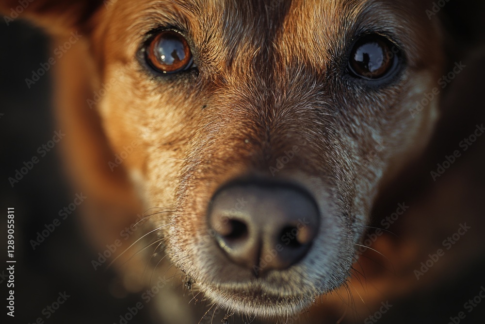 Poster a close-up view of a brown dog's face with a friendly expression