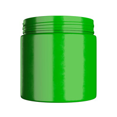 Opened green blank supplement jar mockup, front view, transparent background