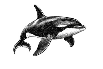 Vintage art of hand-drawn orca in old engraving style, black sketch effect, trendy illustration, animal print, black and white illustration, artistic prints, ocean wildlife, marine art.