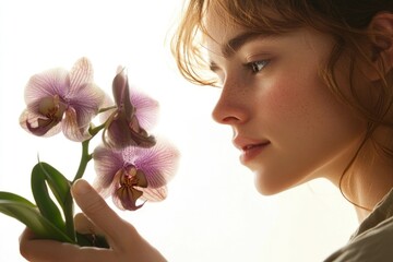 Naklejka premium A young woman with freckles delicately holds a pale purple orchid, showcasing beauty and serenity.